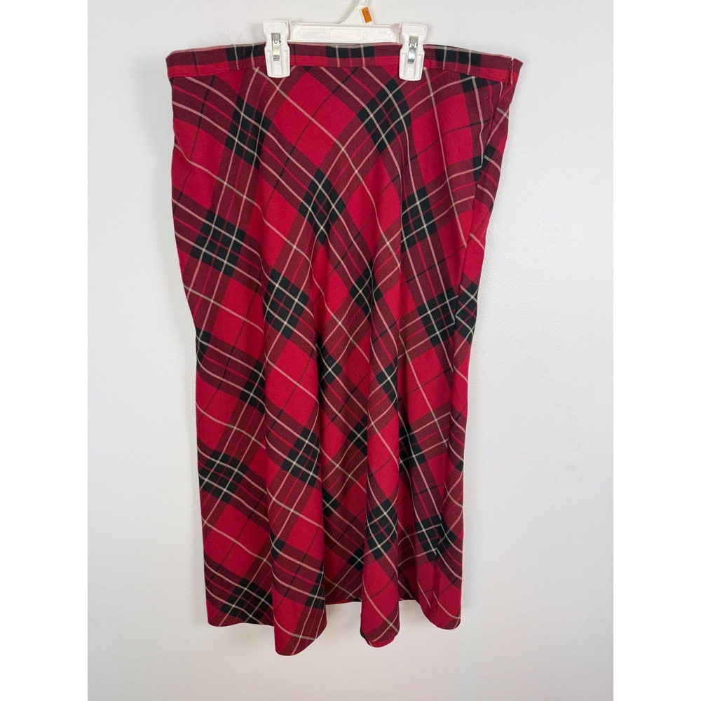 Basic Editions Red Plaid Midi Skirt Womens 14 A-Line Tartan Side Zip Holiday VTG